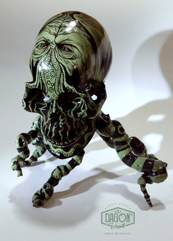 Cthulhu skull : peinture acrylique sur crâne en métal et sarments de vigne