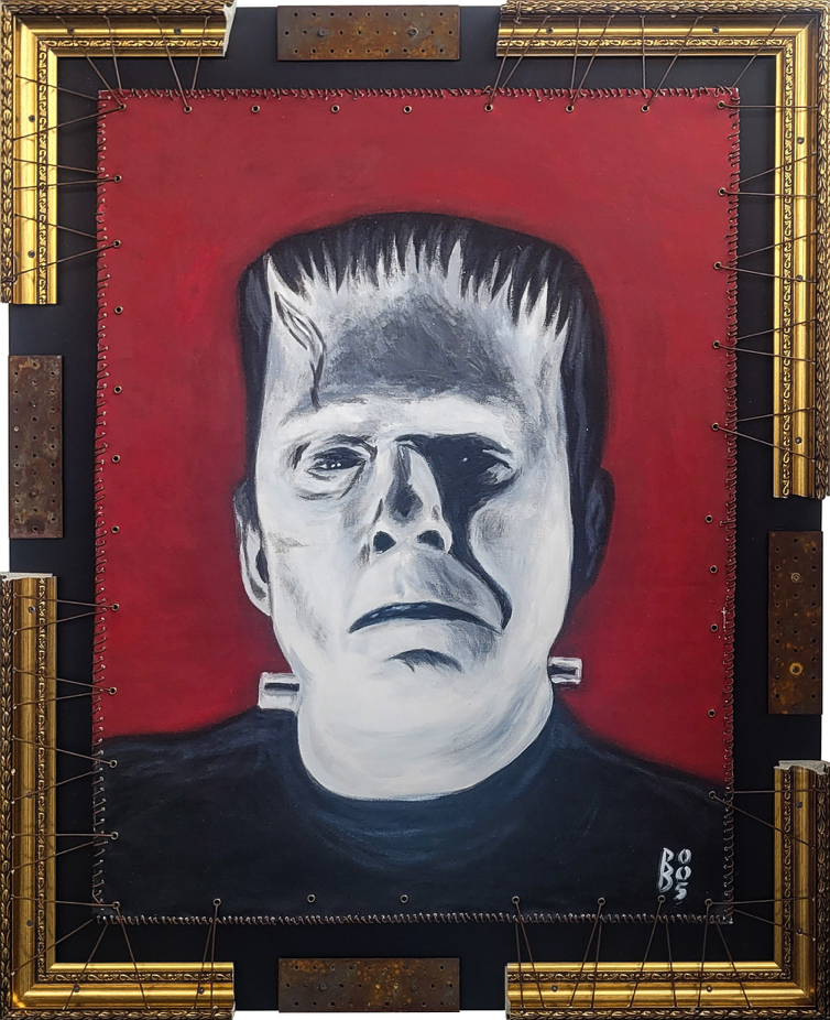 Portrait de la créature de Frankenstein (Boris Karloff). Acrylique sur toile découpée, lacée sur cadre.