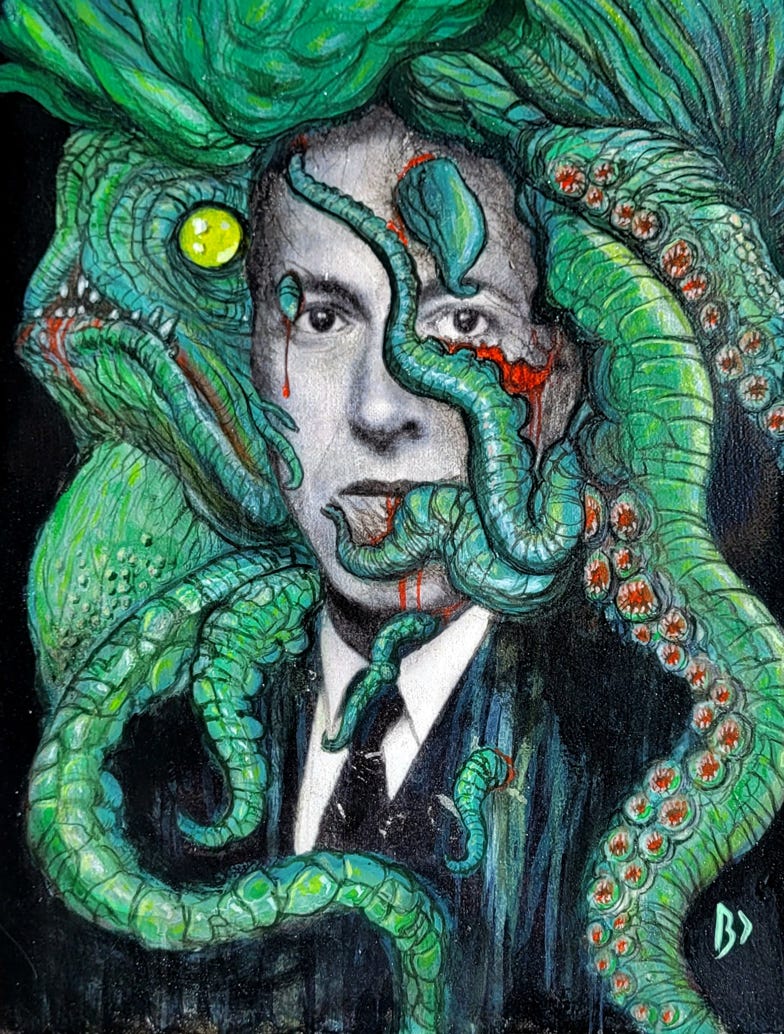 Portrait de H.P. Lovecraft. Transfert photo et acrylique sur toile