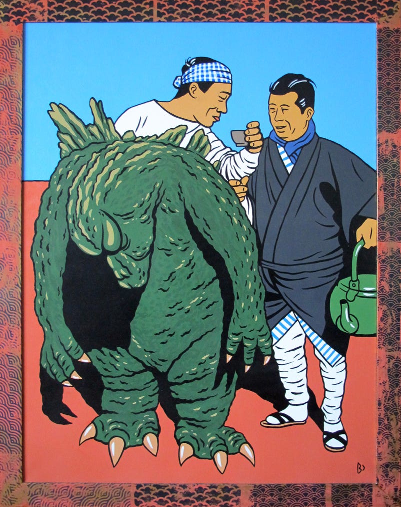 Hommage à Nakajima Haruo, le plus grand interprète de Godzilla (suitmation). Acrylique sur toile.
