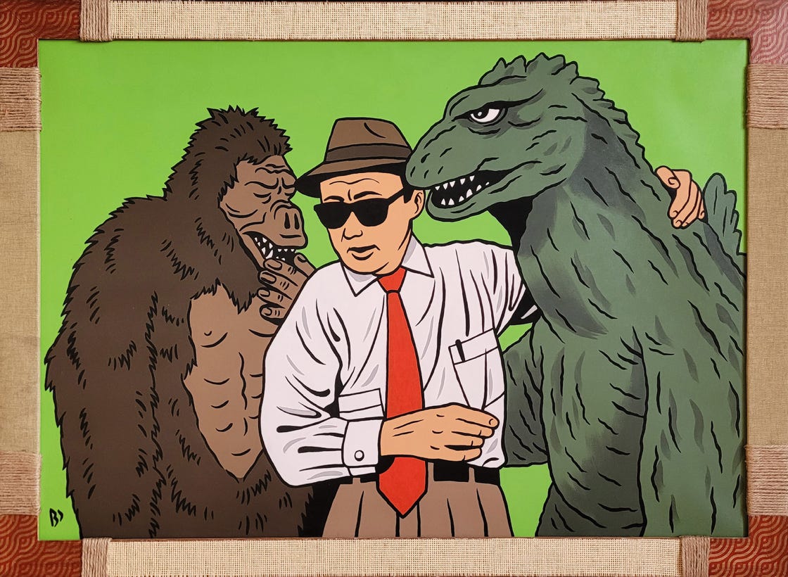 Tsuburaya Eiji avec ses monstres King Kong et Godzilla. Acrylique sur toile.