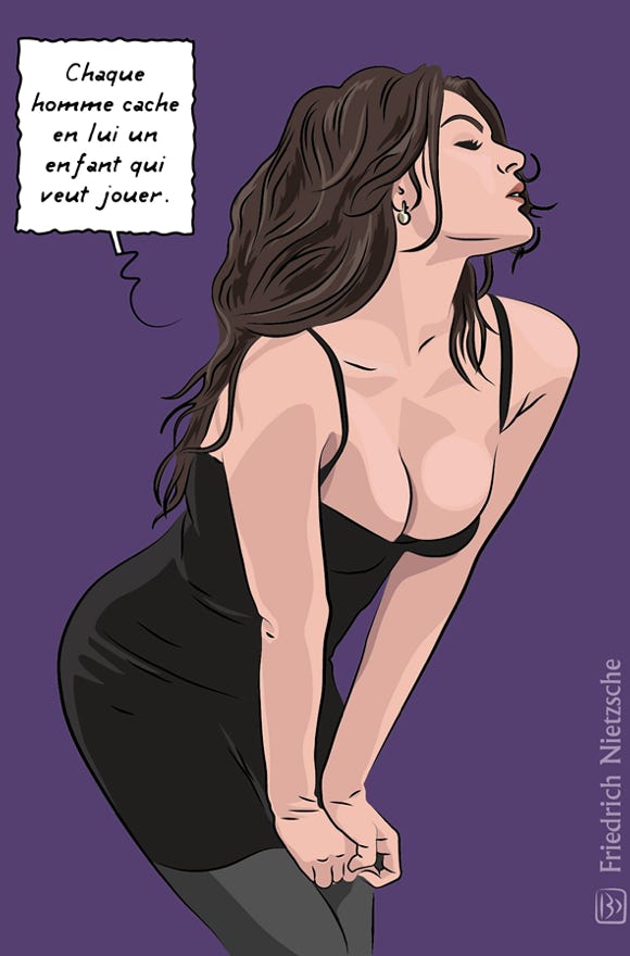 Les girls philosophent avec passion. Ici Nietzsche ou l'éternel retour en enfance.