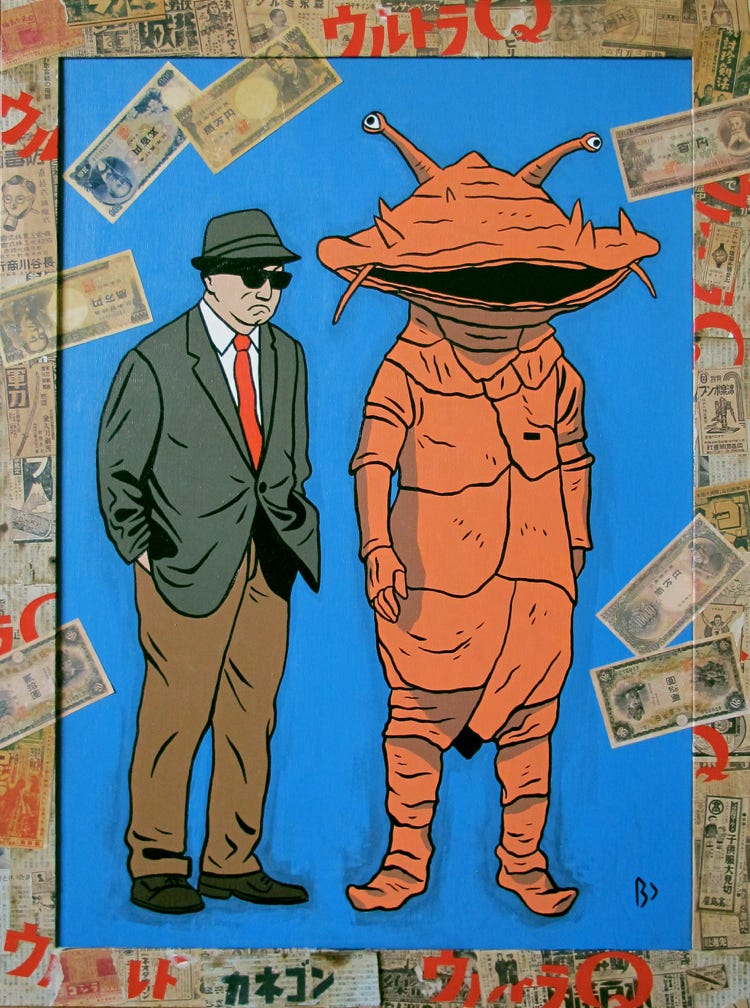 Kanegon le mémorabme monstre tirelire de la série japonaise Ultra-Q, ici avec Tsuburaya, le maître des effets spéciaux.