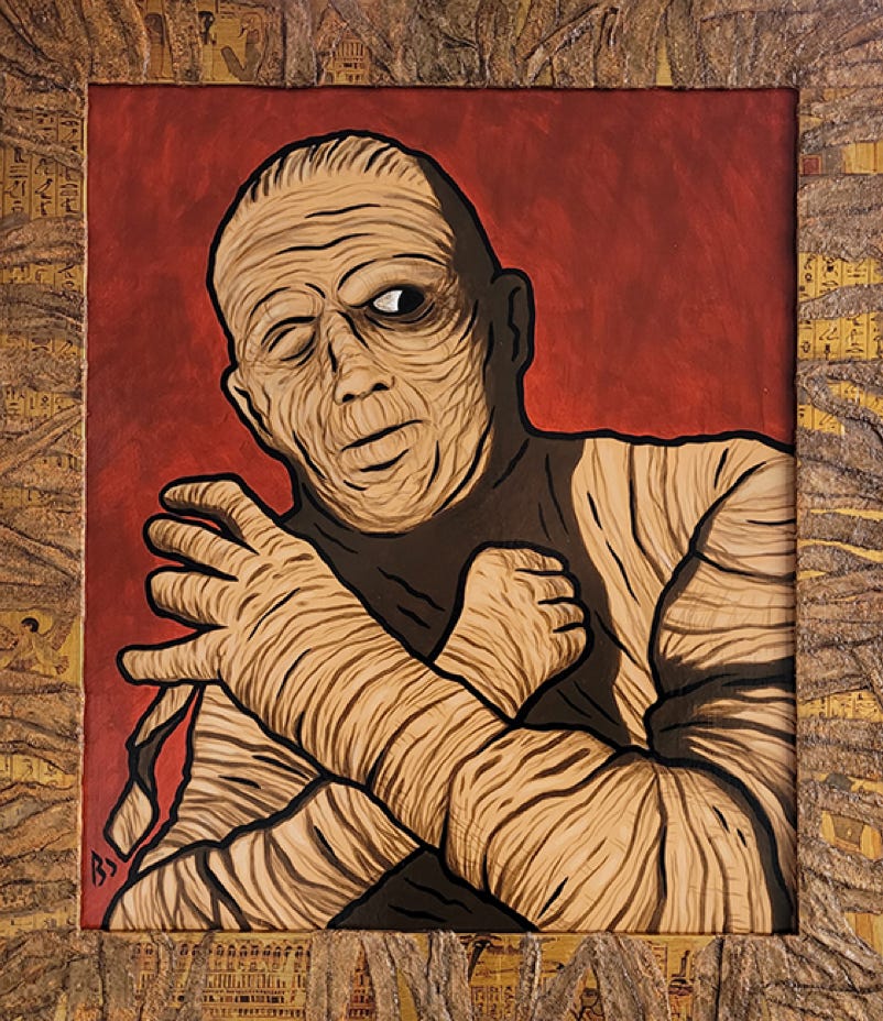 Acrylique sur toile. The Mummy est un hommage au classique des Universal Studio avec Boris Karloff