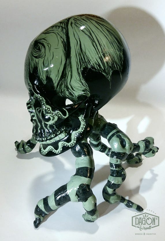 Cthulhu skull : peinture acrylique sur crâne en métal et sarments de vigne