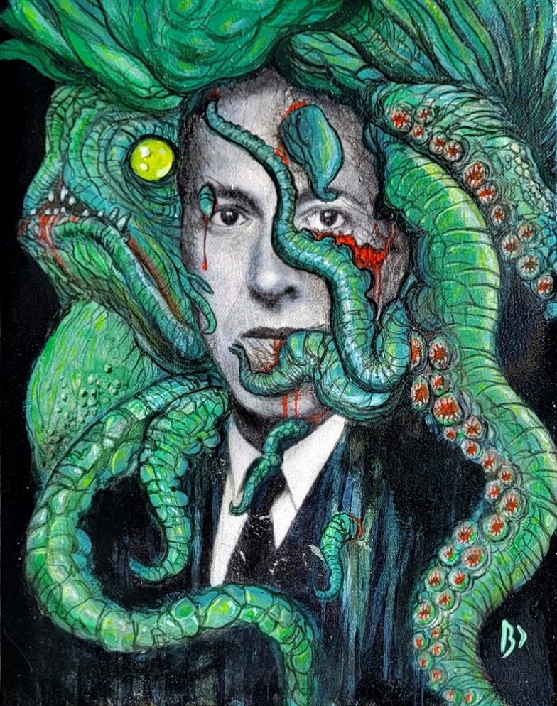 Portrait de H.P. Lovecraft. Transfert photo et acrylique sur toile